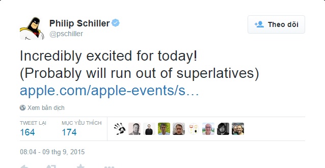 Phó Chủ tịch Philip Schiller chia sẻ sự hồi hộp trên Twitter