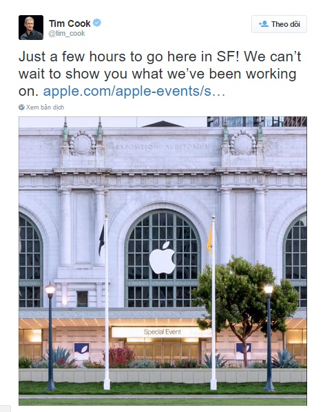 CEO Tim Cook chia sẻ sự hồi hộp mong chờ sự kiện ra mắt sản phẩm mới của Apple trên Twitter