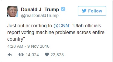Donald Trump chia sẻ trên Twitter về sự cố với hệ thống bỏ phiếu tại Utah Donald Trump chia sẻ trên Twitter về sự cố với hệ thống bỏ phiếu tại Utah