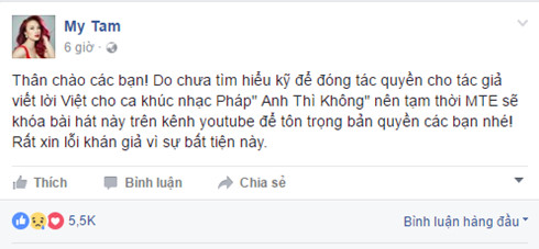 Mỹ Tâm lên tiếng xin lỗi vì vi phạm tác quyền - Ảnh 1.