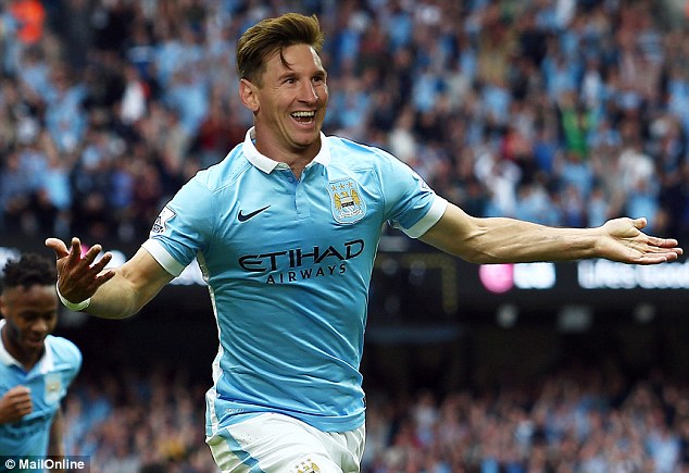 Bức ảnh do các CĐV ghép hình Messi trong màu áo Manchester City Bức ảnh do các CĐV ghép hình Messi trong màu áo Manchester City