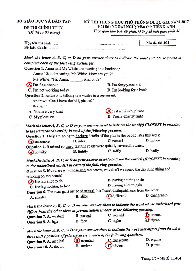 Đề thi và đáp án tham khảo môn Tiếng Anh kỳ thi THPT Quốc gia năm 2017 - Ảnh 5.
