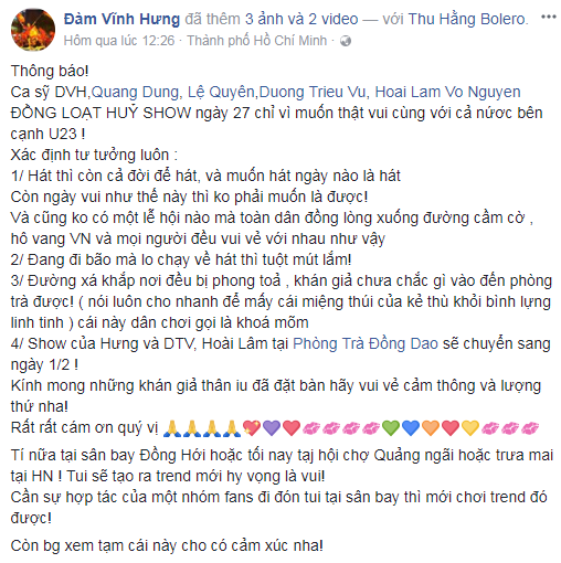 Sao Việt đồng loạt hủy show, lùi ngày ra mắt MV vì U23 - Ảnh 1.