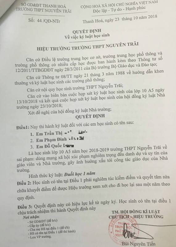 Thanh Hóa: 7 học sinh lớp 10 bị đuổi học vì xúc phạm cô giáo - Ảnh 1.