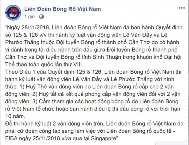 Án phạt 10 năm cho cầu thủ bóng rổ Cần Thơ đánh trọng tài - Ảnh 1.