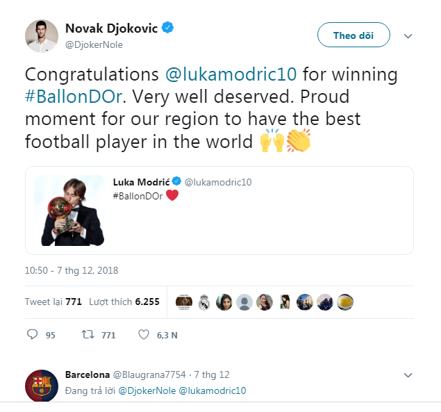 Novak Djokovic chúc mừng Luka Modric trên facebook - Ảnh 1.