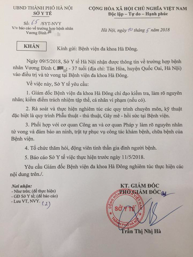 Nam bệnh nhân tử vong sau mổ tay tại Bệnh viện đa khoa Hà Đông - Ảnh 1.