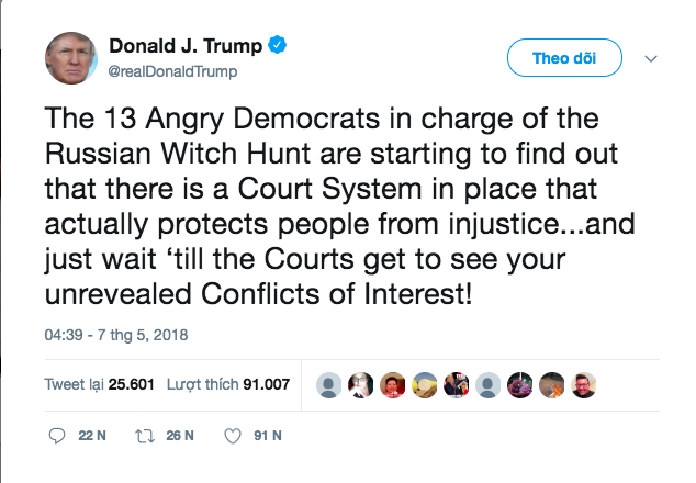 Tổng thống Trump cáo buộc các cuộc thăm dò của Robert Mueller có xung đột lợi ích chưa được tiết lộ - Ảnh 2.