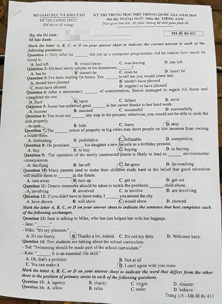 Đề thi tiếng Anh THPT Quốc gia năm 2018 - Ảnh 1.