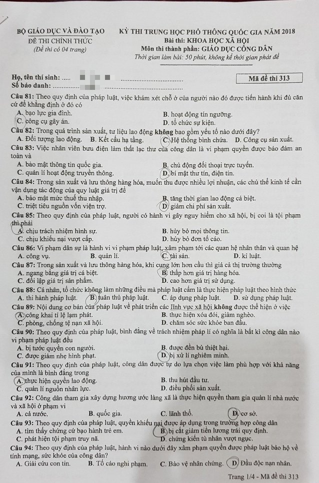 Đề thi môn Giáo dục công dân Kỳ thi THPT Quốc gia 2018 - Ảnh 1.