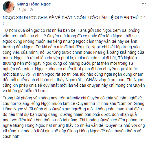 Giang Hồng Ngọc viết tâm thư chia sẻ phát ngôn ước làm Lệ Quyên thứ 2 - Ảnh 1.