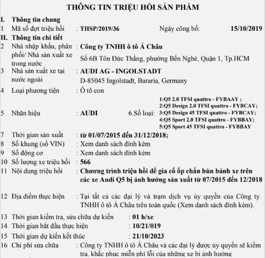 Audi triệu hồi hơn 500 xe Q5 tại Việt Nam để gia cố ốp chắn bùn bánh xe - Ảnh 1.