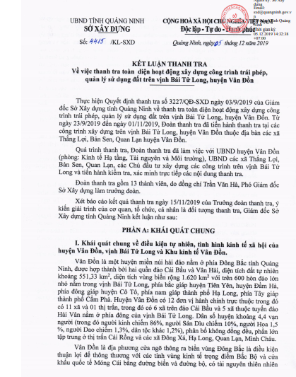 Sở Xây dựng Quảng Ninh công bố Kết luận Thanh tra về việc sử dụng đất trên Vịnh Bái Tử Long - Ảnh 1.