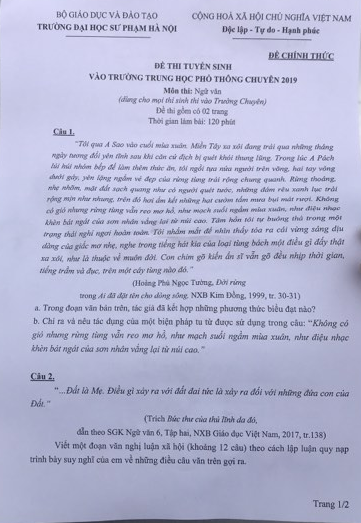 Đề thi Văn lớp 10 chuyên ĐH Sư phạm Hà Nội 2019 nhẹ nhàng, dễ đạt 6-7 điểm - Ảnh 1.