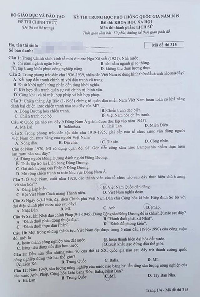 Đáp án môn Lịch sử trong tổ hợp Khoa học xã hội THPT Quốc gia 2019 - Ảnh 1.