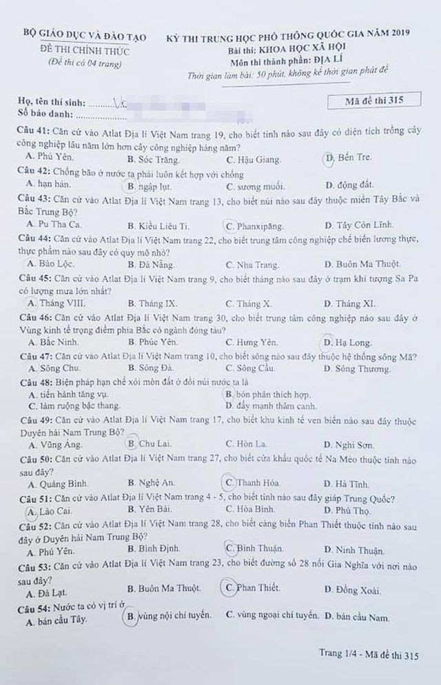 Đáp án môn Địa lý trong tổ hợp Khoa học xã hội THPT Quốc gia 2019 - Ảnh 1.