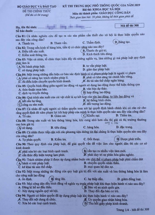 Đáp án môn Giáo dục công dân trong tổ hợp Khoa học xã hội THPT Quốc gia 2019 - Ảnh 1.