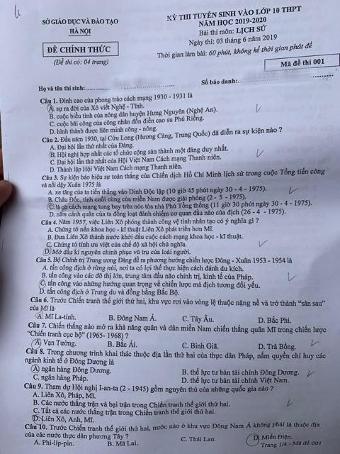 Đề thi trắc nghiệm môn Lịch sử - Kỳ thi tuyển sinh vào lớp 10 THPT Hà Nội - Ảnh 1.