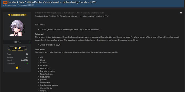 Cảnh báo: Rò rỉ thông tin 1 triệu tài khoản Facebook Việt Nam trên diễn đàn hacker - Ảnh 2.