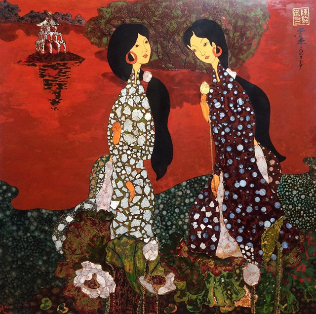 
A lacquer painting measuring 100cm by 100cm by Tran Thieu Nam. 
