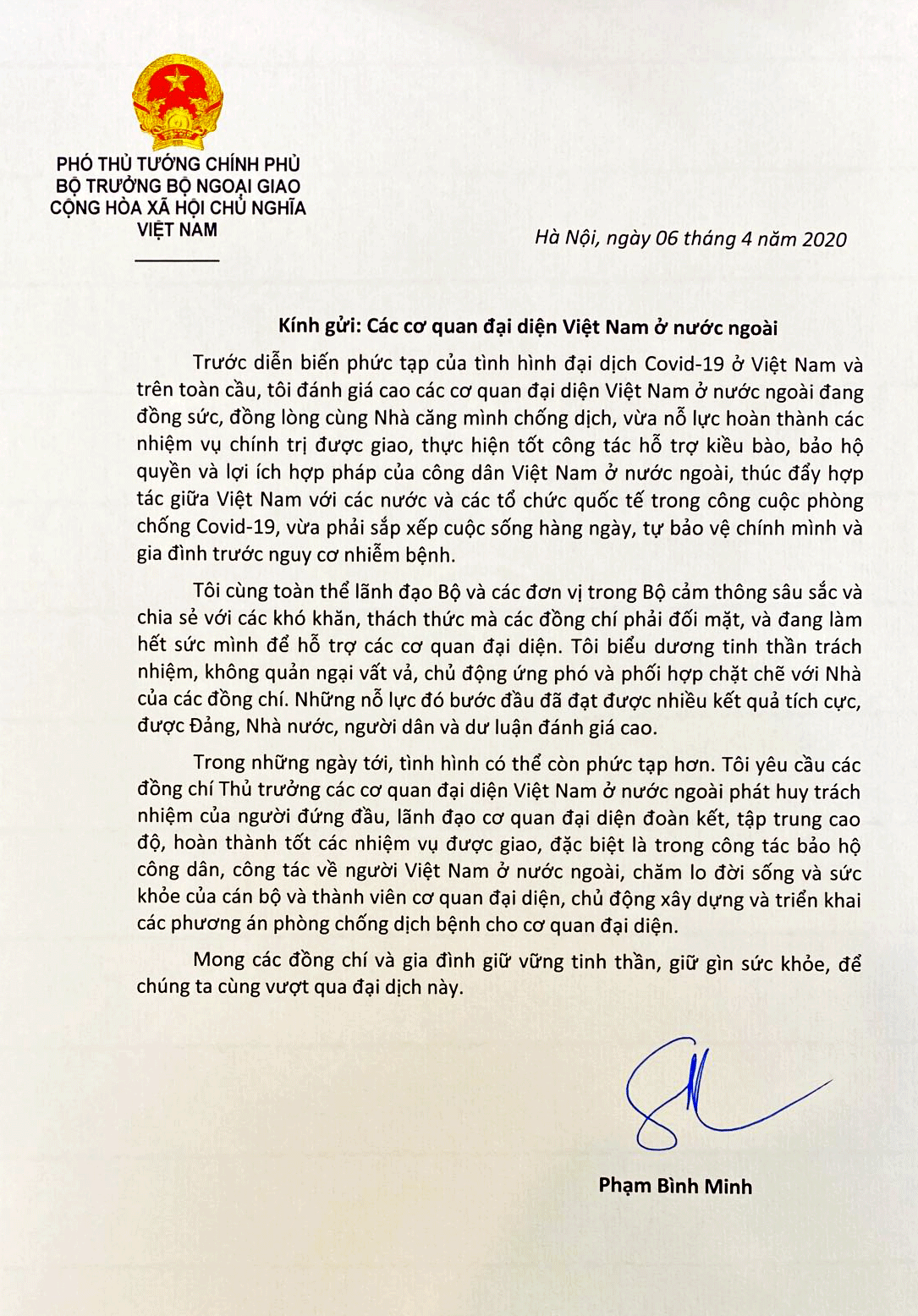 Thư biểu dương, khích lệ tinh thần các cán bộ, nhân viên ngoại giao ở nước ngoài trong phòng, chống dịch COVID-19 - Ảnh 1.