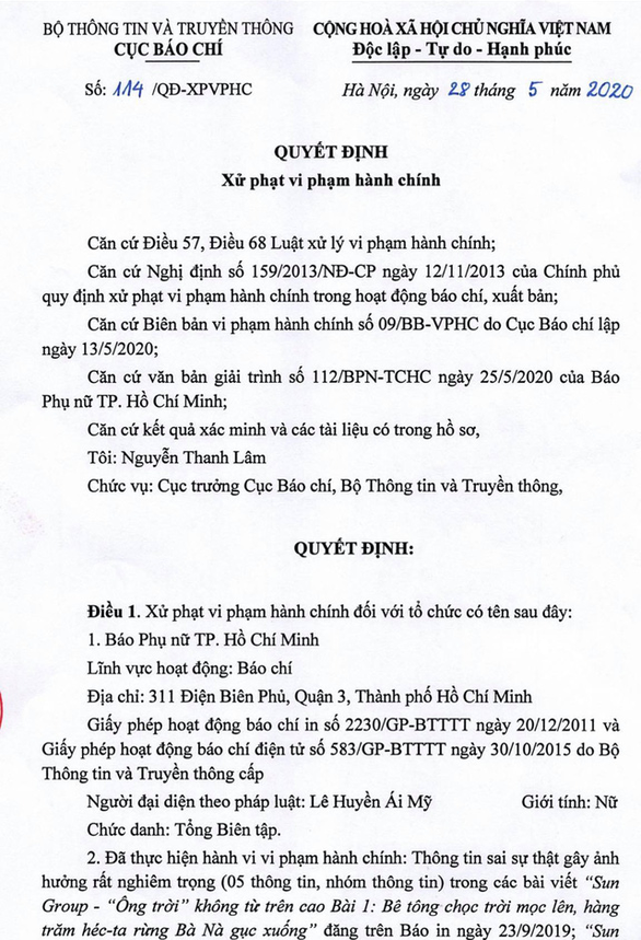 Tước giấy phép hoạt động báo điện tử 1 tháng với báo Phụ nữ TP.HCM - Ảnh 1.