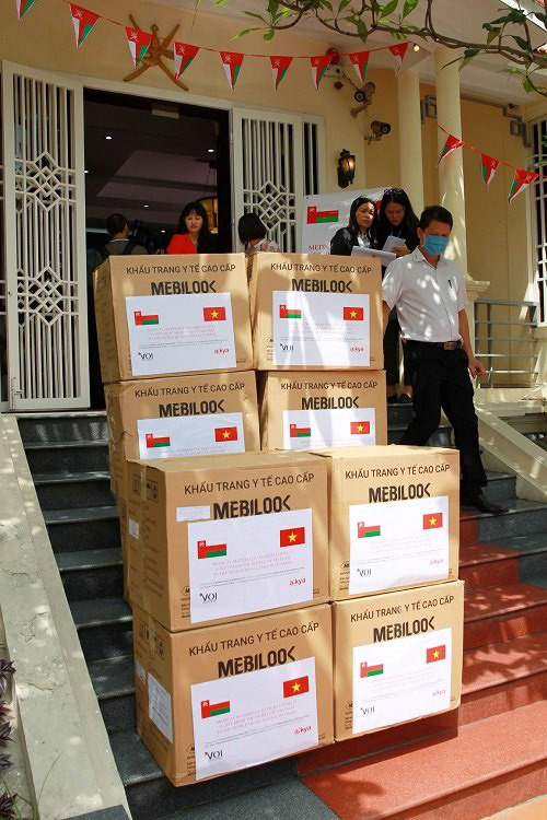 
Packages of face masks presented at the ceremony to support Oman in fighting COVID-19
