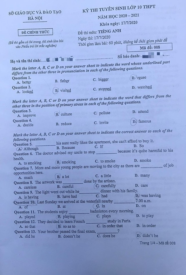 CHÍNH THỨC: Đề thi môn tiếng Anh vào lớp 10 THPT năm 2020 tại Hà Nội - Ảnh 1.