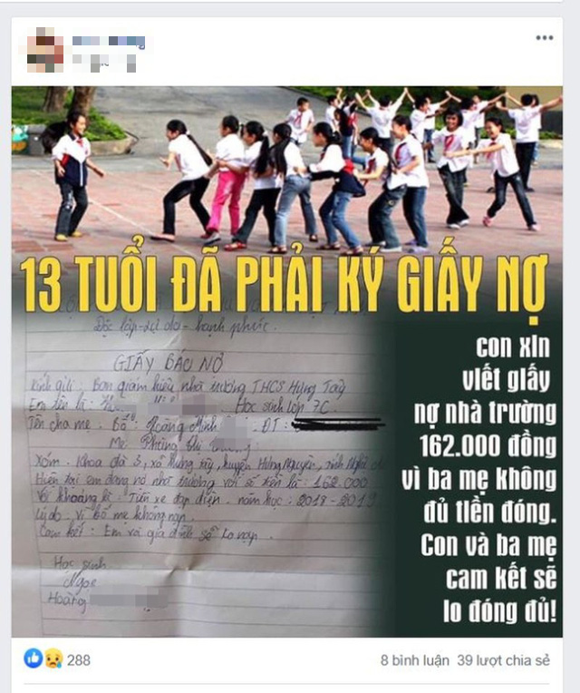 Xôn xao vụ học sinh lớp 7 viết “giấy báo nợ” vì thiếu nhà trường tiền gửi xe - Ảnh 1.