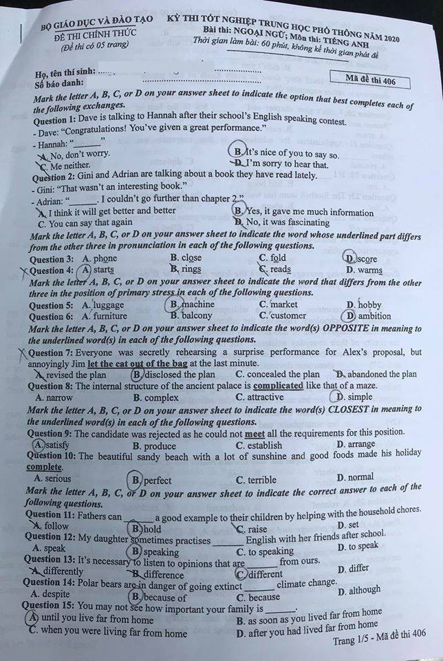 Đề tiếng Anh ch&iacute;nh thức kỳ thi tốt nghiệp THPT 2020 - Ảnh 1.