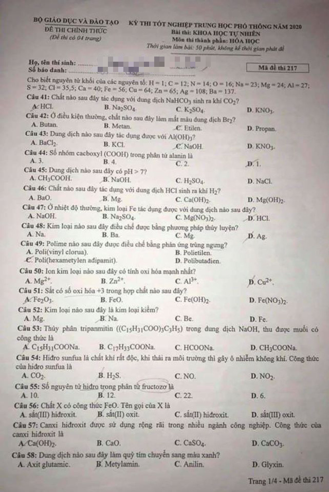 Đề thi chính thức môn Hóa học, bài thi Khoa học tự nhiên của kỳ thi tốt nghiệp THPT 2020 - Ảnh 1.