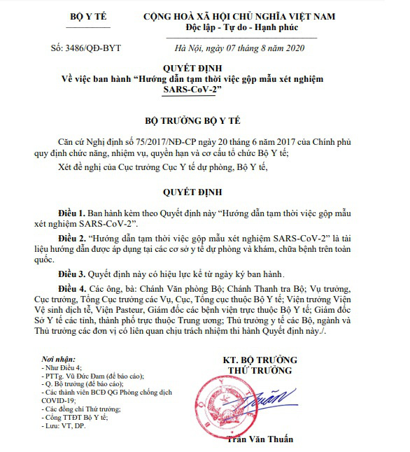 Bộ Y tế ban hành hướng dẫn việc gộp mẫu xét nghiệm SARS-CoV-2 - Ảnh 1. Bộ Y tế ban hành hướng dẫn việc gộp mẫu xét nghiệm SARS-CoV-2 - Ảnh 1.