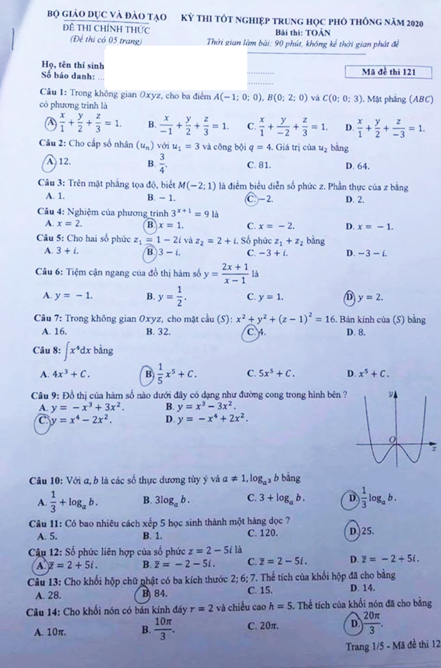 Đề Toán chính thức Kỳ thi tốt nghiệp THPT 2020 đợt 1 - Ảnh 1.