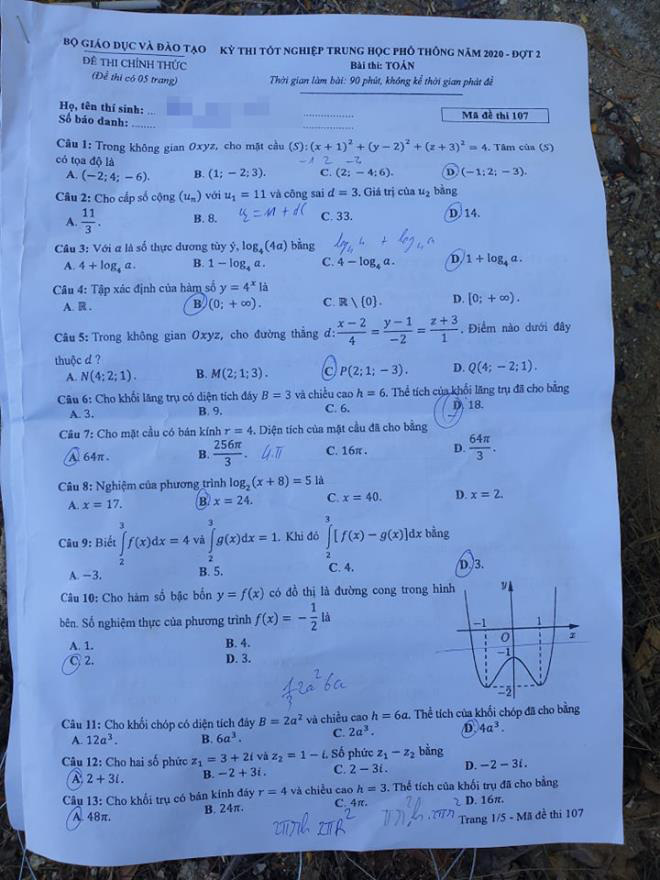 Đề thi To&aacute;n kỳ thi tốt nghiệp THPT năm 2020 đợt 2 - Ảnh 6.