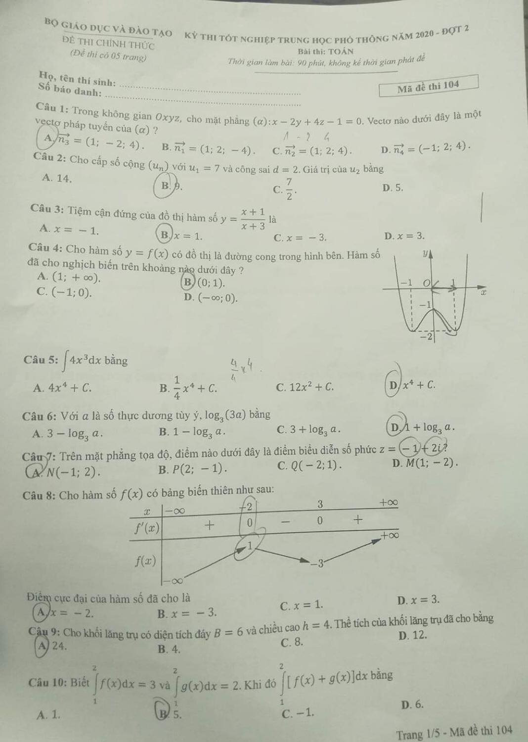 Đề thi To&aacute;n kỳ thi tốt nghiệp THPT năm 2020 đợt 2 - Ảnh 3.