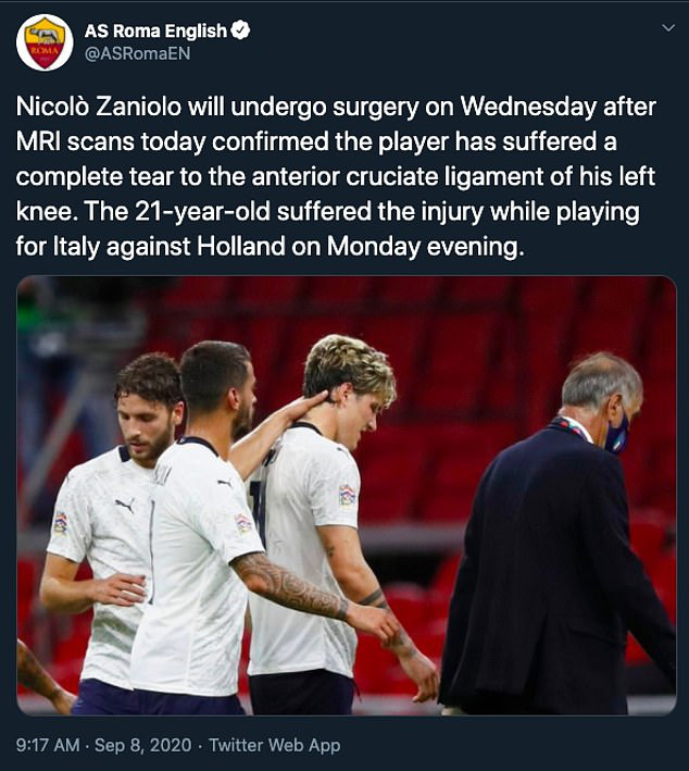 AS Roma nhận tin dữ về chấn thương của tiền vệ Nicolo Zaniolo - Ảnh 1. AS Roma nhận tin dữ về chấn thương của tiền vệ Nicolo Zaniolo - Ảnh 1.