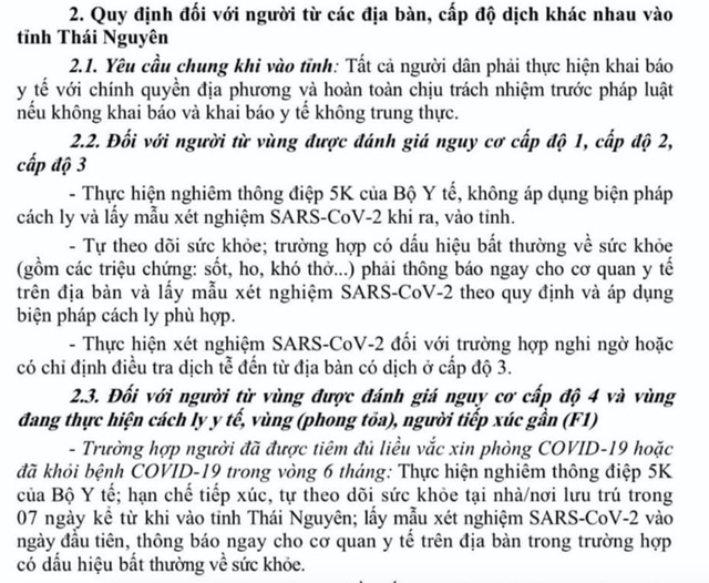 Thái Nguyên bỏ quy định người đến từ vùng cấp độ 1, 2, 3 phải cách ly, lấy mẫu - Ảnh 2.