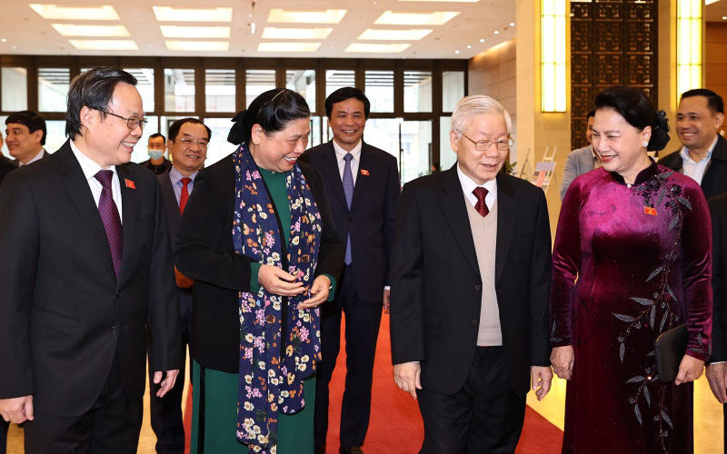 
Party General Secretary and State President Nguyen Phu Trong (second from right) and other senior leaders attend the gathering. (Photo: Trong Duc)
