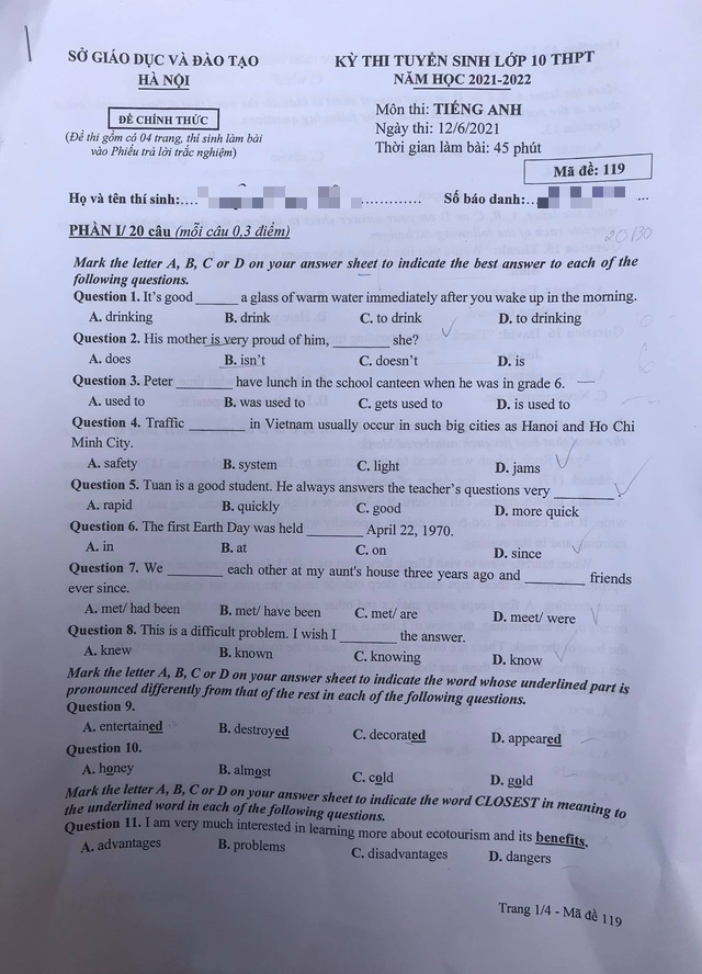 Gợi ý giải đề thi môn tiếng Anh vào lớp 10 ở Hà Nội năm 2021 - Ảnh 1.