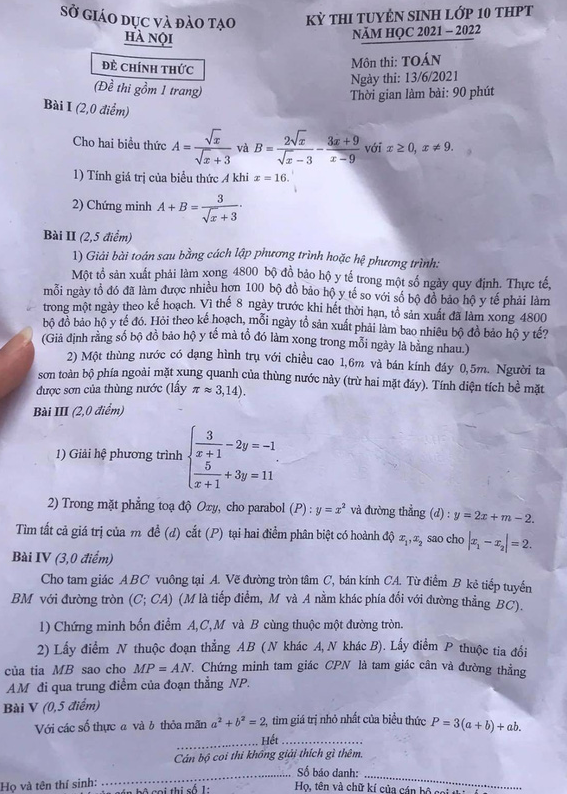 Đề thi vào lớp 10 môn Toán năm 2021 vừa sức với thí sinh Hà Nội - Ảnh 1.