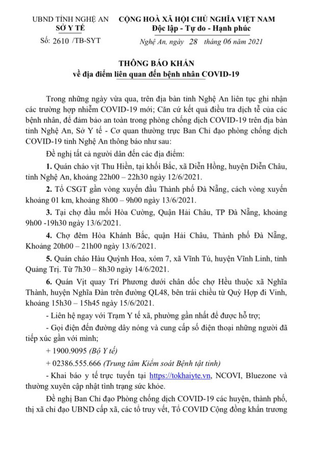 Khẩn: Tìm người đến địa điểm liên quan bệnh nhân COVID-19 tại Nghệ An, Đà Nẵng, Quảng Trị - Ảnh 1.