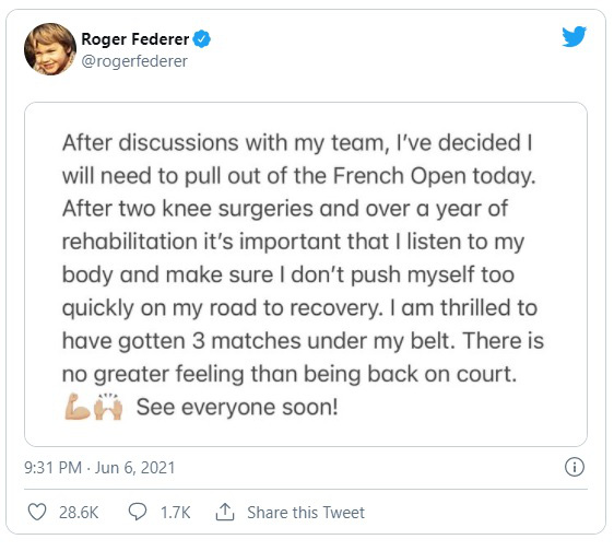 Roger Federer bất ngờ tuyên bố rút lui khỏi Pháp mở rộng 2021 - Ảnh 1.