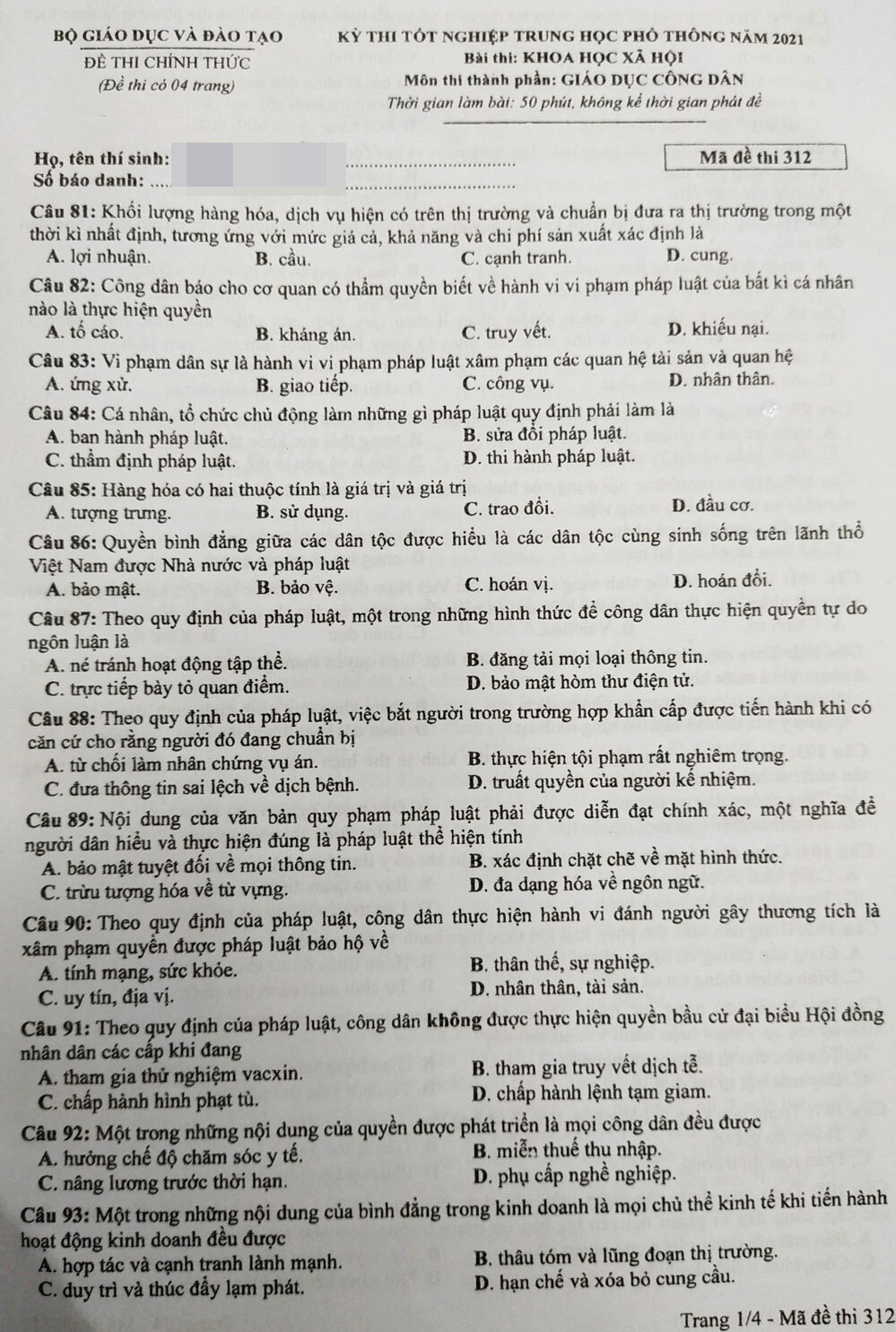 Gợi &yacute; đ&aacute;p &aacute;n b&agrave;i thi Khoa học x&atilde; hội kỳ thi tốt nghiệp THPT năm 2021 - Ảnh 11.