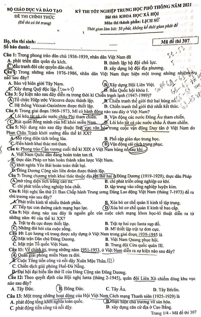 Gợi &yacute; đ&aacute;p &aacute;n b&agrave;i thi Khoa học x&atilde; hội kỳ thi tốt nghiệp THPT năm 2021 - Ảnh 1.