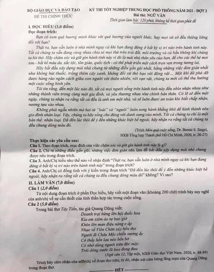Bài thơ Tây Tiến vào đề thi Ngữ văn kỳ thi tốt nghiệp THPT 2021 đợt 2 - Ảnh 1. Bài thơ Tây Tiến vào đề thi Ngữ văn kỳ thi tốt nghiệp THPT 2021 đợt 2 - Ảnh 1.