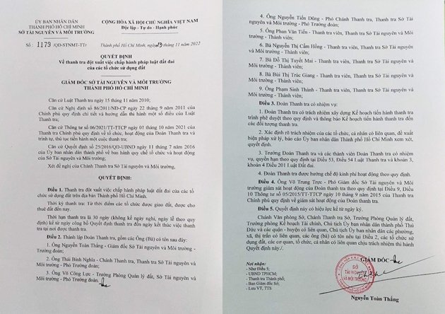 Thanh tra đột xuất việc chấp hành pháp luật đất đai tại Thành phố Hồ Chí Minh - Ảnh 1.
