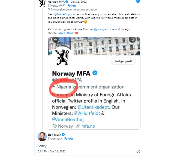 Hàng loạt lãnh đạo Na Uy bị liệt kê là quan chức Nigeria trên Twitter, Elon Musk xin lỗi - Ảnh 1.