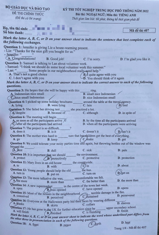 Đề thi môn Tiếng Anh tốt nghiệp THPT 2022 - Ảnh 1.