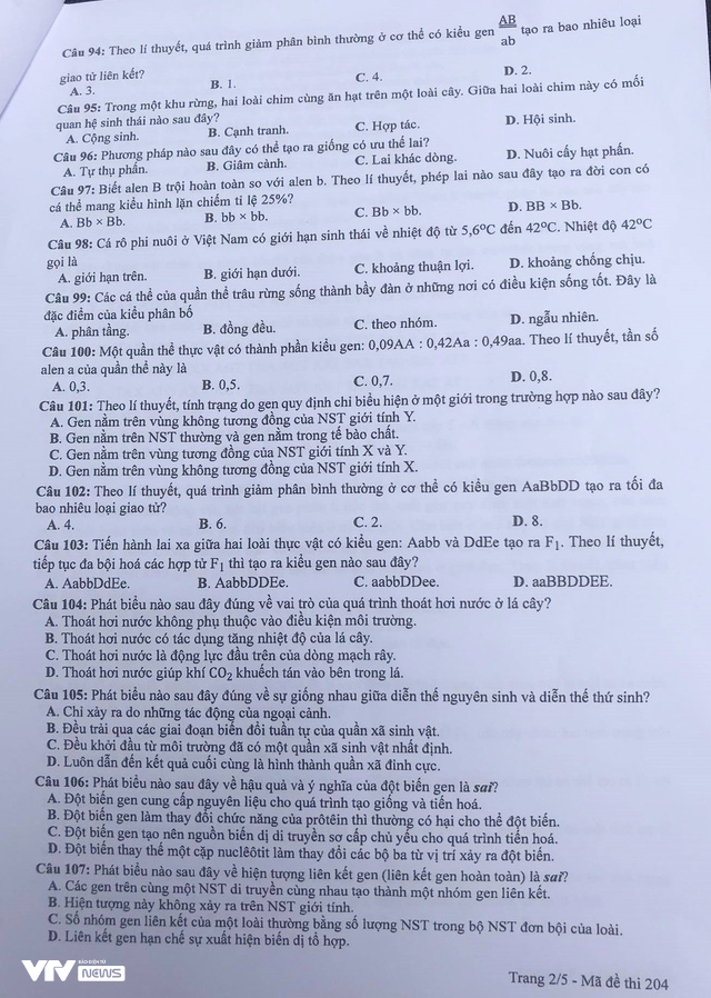 Gợi ý đáp án môn Sinh học trong tổ hợp KHTN - Ảnh 2.