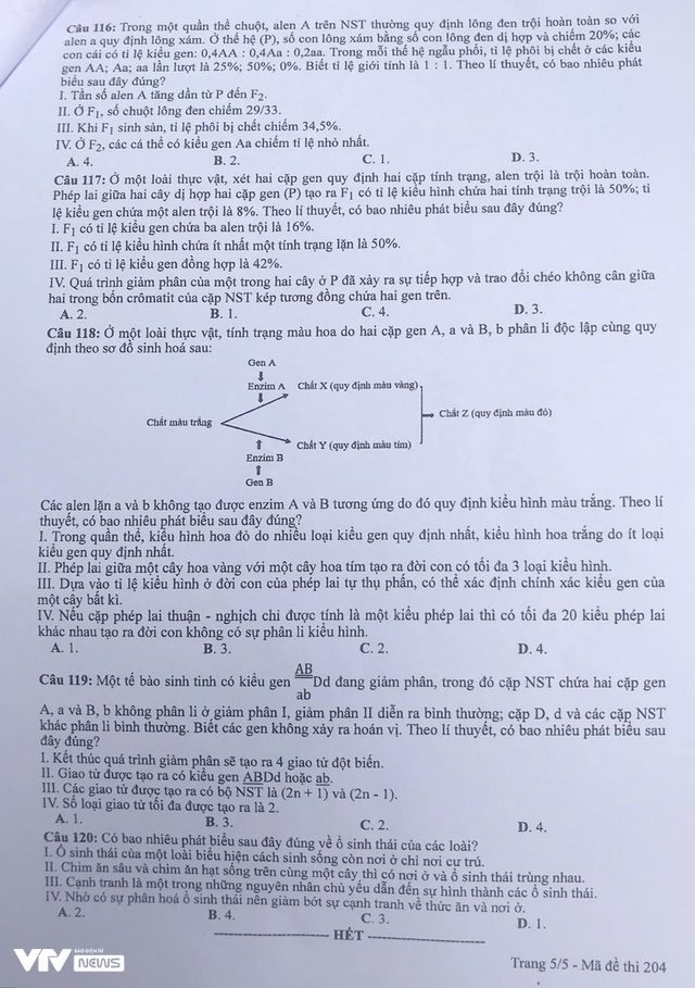 Gợi ý đáp án môn Sinh học trong tổ hợp KHTN - Ảnh 5.